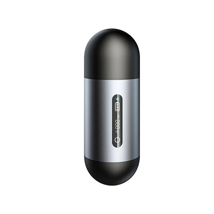 Silver and black cylindrical device on a white background