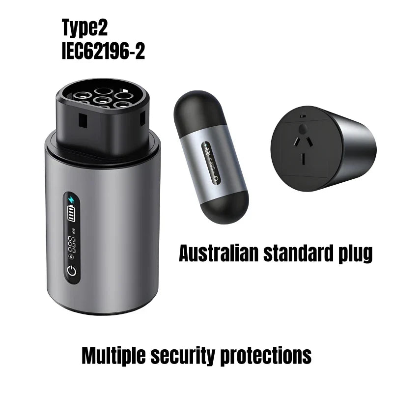 Electric vehicle charging plug with Australian standard plug and multiple security protections on a white background.