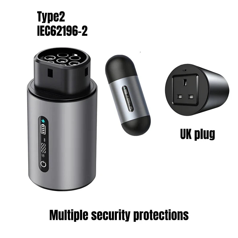 Electric vehicle charging cable with connectors and UK plug on a white background